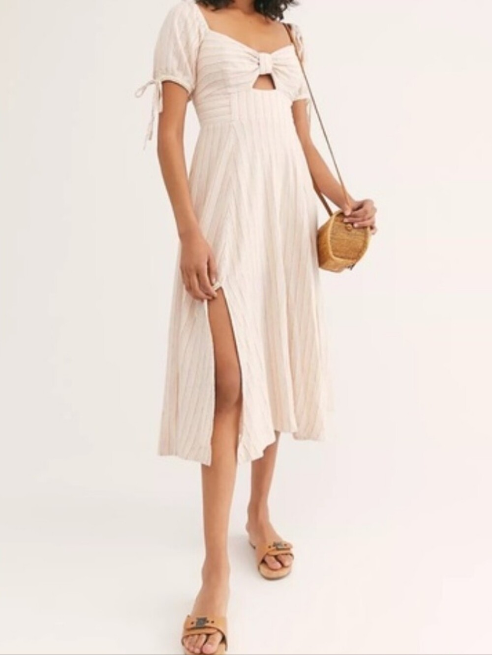 Free People Sunshine Eyes Linen Midi Dress Cream Stripe Puff-Sleeve Size XS